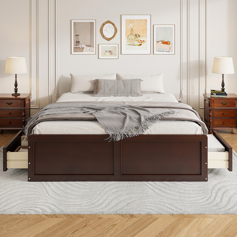 Wood Queen Size Platform Bed Frame with 6 Drawers