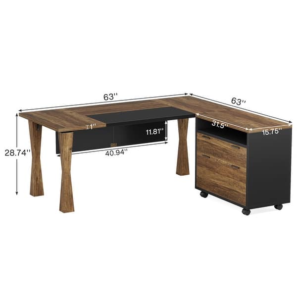 Rustic Wood L Shaped Executive Desk with File Cabinet Drawers - Bed ...