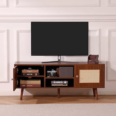 Rattan TV Stand for 55" TV with Rattan Door Walnut - 47 inches in width