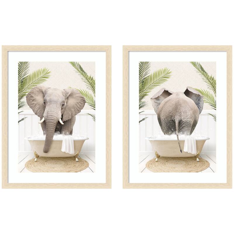 Kate and Laurel Elephant Palm Bathtub 2 Piece Framed Wall Art Print Set by Amy Peterson - 2 Piece Set 19x25 - Natural