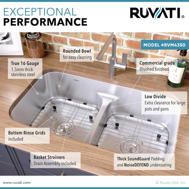 Ruvati 32-inch Low-Divide 50/50 Double Bowl Undermount 16 Gauge Stainless Steel Kitchen Sink - RVM4350 - 32-1/4″ x 18-7/8″