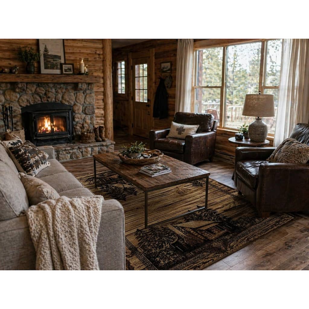 Rustic Area Ru American Destination Clearmont Brown Rustic Pinecone Lodge Area Rug ...