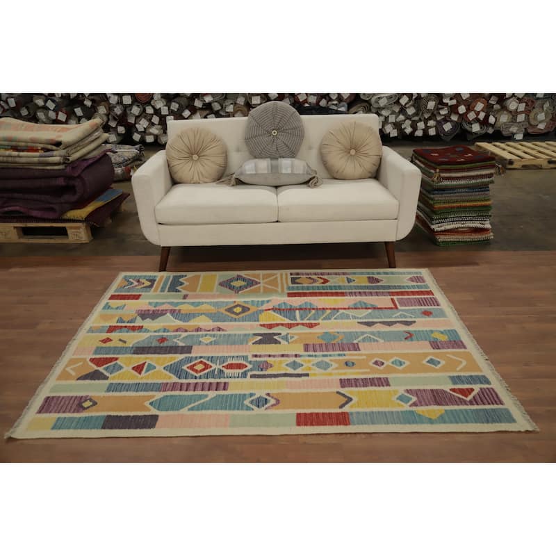 Hand Woven Oriental 100% Wool Carpet Southwestern Tribal Multi-Colored Kilim Area Rug - 6' 2'' X 4' 5''