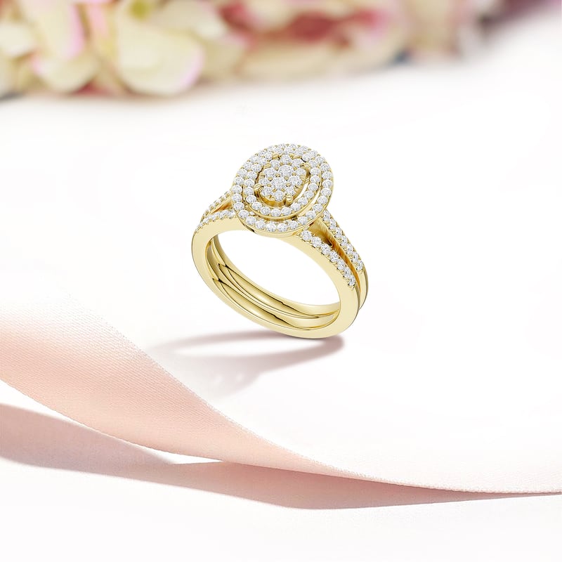 IGI Certified 1/2ct TDW Diamond Cluster Oval Shaped Frame Bridal Set in 10K Yellow Gold for Women