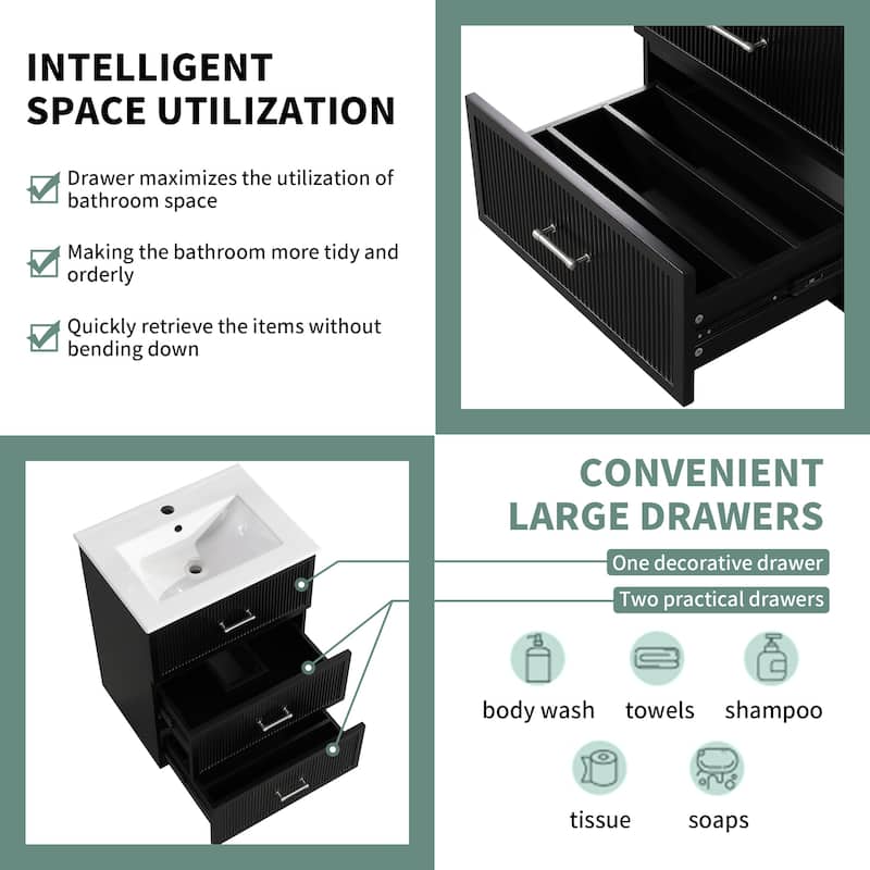 24 Inch Floor Standing Bathroom Vanity with Ceramic Sink and 2 Drawers