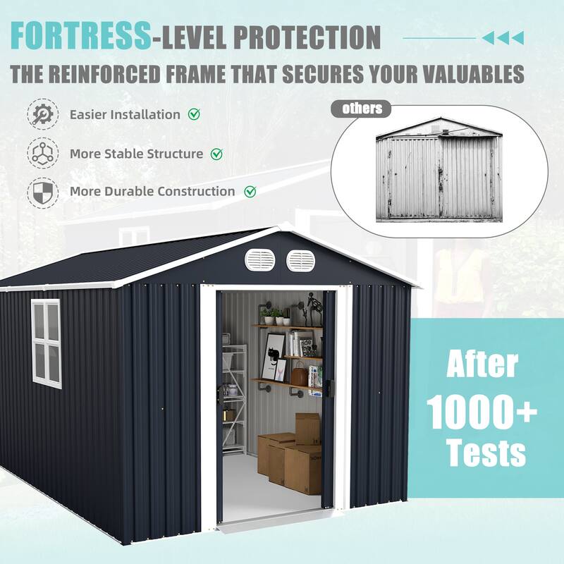 8x12 FT Outdoor Metal Storage Shed, Large Storage Sheds with Sturdy Frame Structure, Metal Garden Tool Shed with Lockable Door