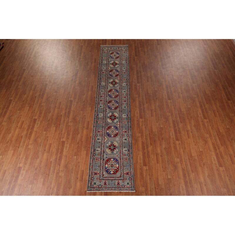 Geometric Kazak Runner Rug Handmade Hallway Wool Carpet - 2'7" x 12'10"