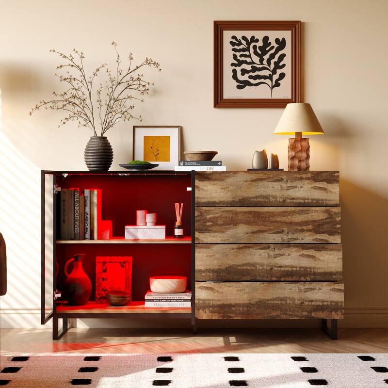 Bookshelves Sideboard Cabinet with Glass Doors and Rustic Wood Drawers 63" Credenza Storage Cabinet