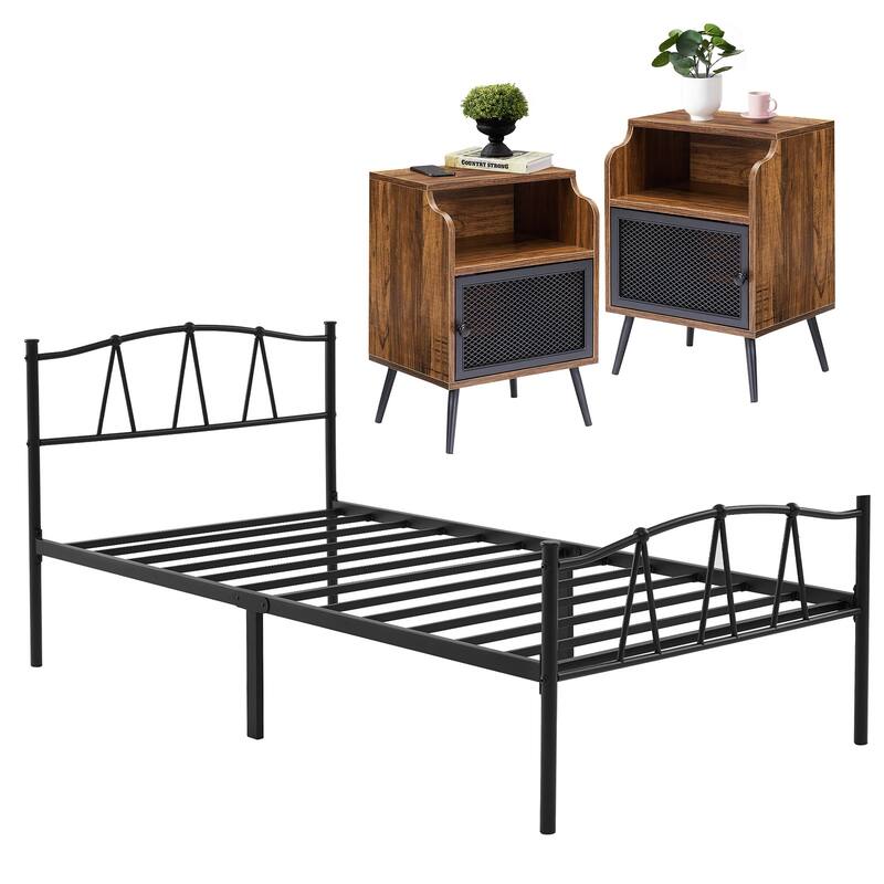 Industrial 3 Piece Bedroom Set Black Platform Bed Frame and Modern Brown Nightstands Set of 2