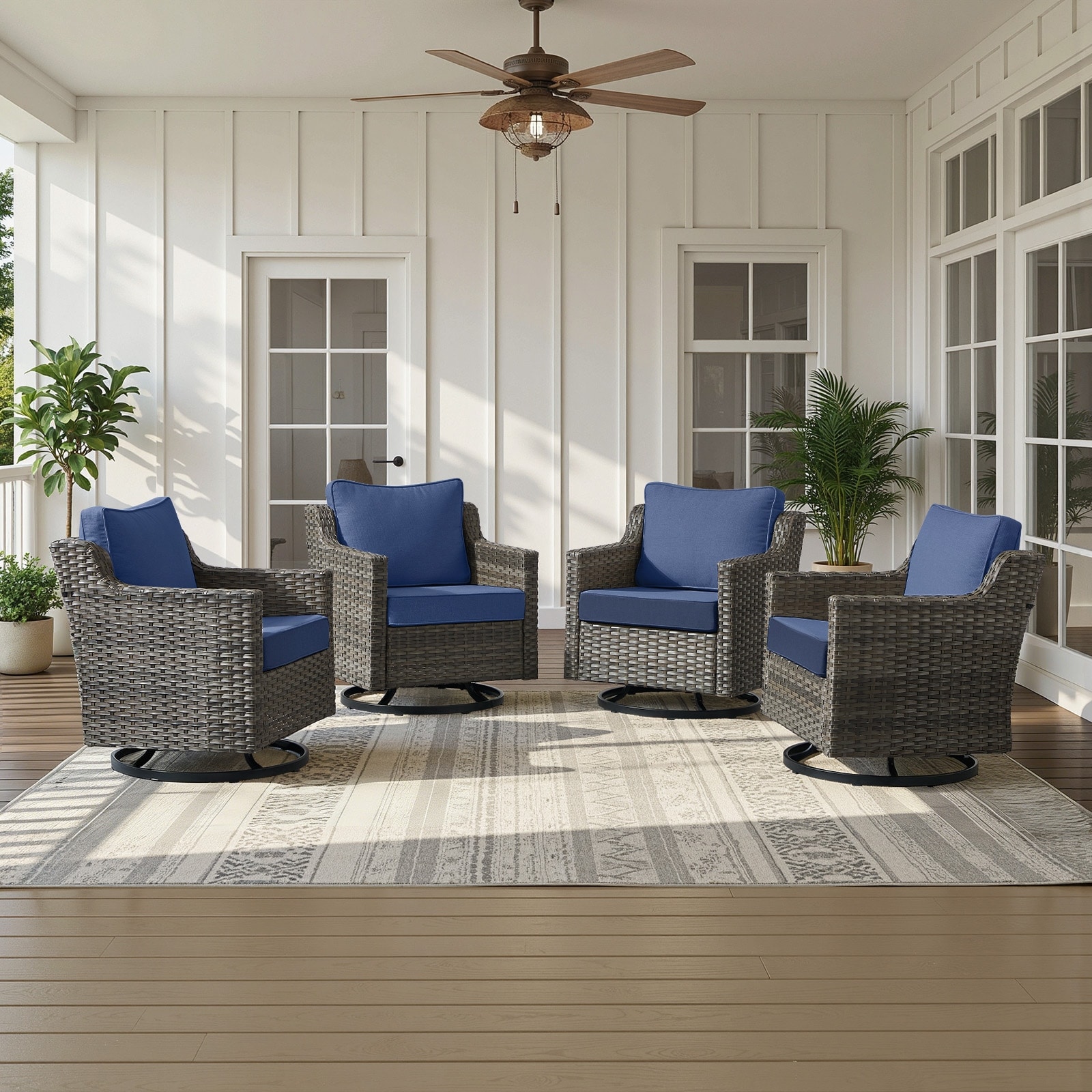 Meyreso Gray Wicker Outdoor Swivel Glider Chairs with 4-Inch Thick Cushions (4-Pack)