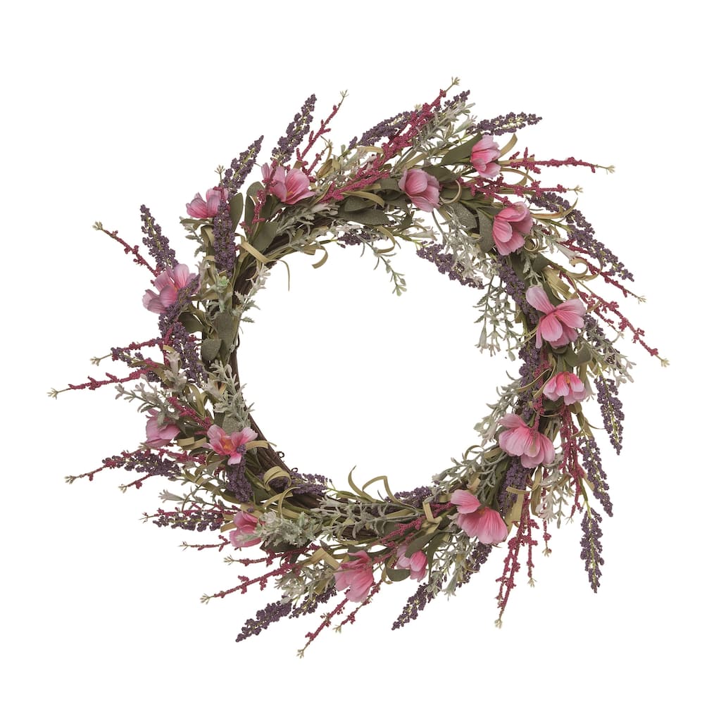 Transpac Natural Fiber 22" Multicolor Spring Twig Lavender and Blossom Wreath