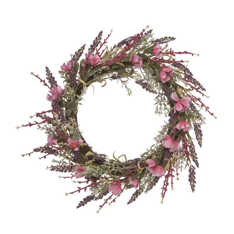 Transpac Natural Fiber 22" Multicolor Spring Twig Lavender and Blossom Wreath