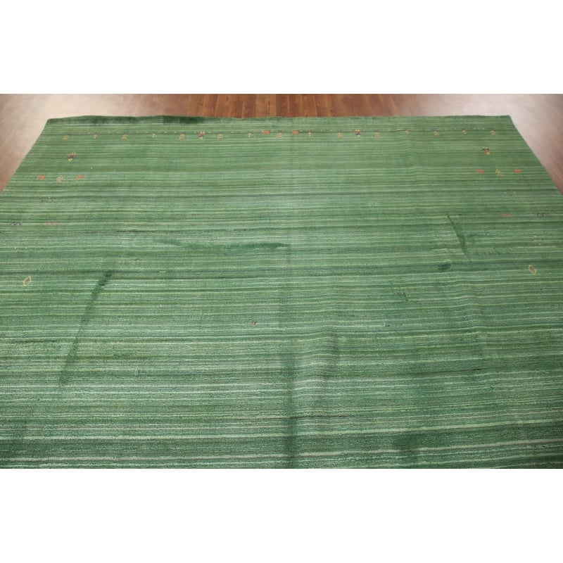 Striped Green Gabbeh Oriental Area Rug Handmade Silk Carpet - 9'1"x 11'5"