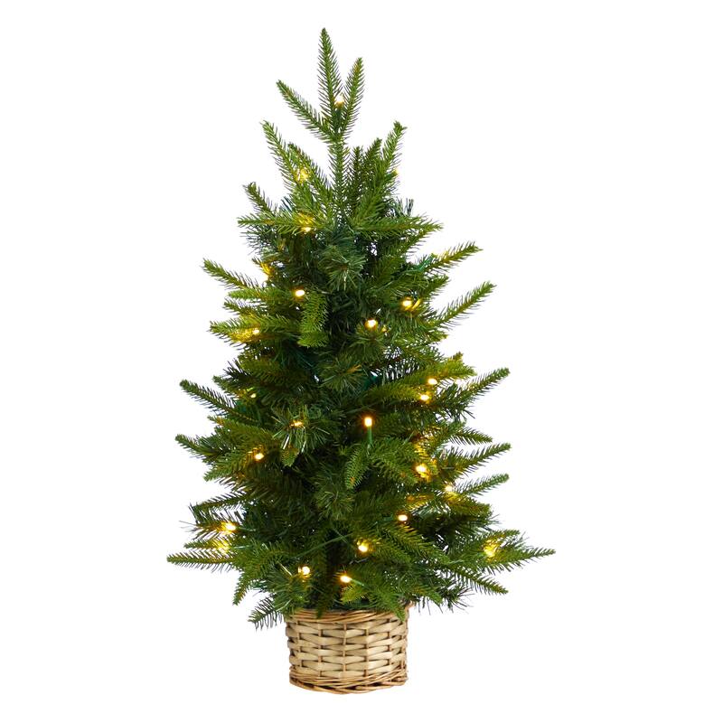 Pre-Lit Mini Artificial Christmas Tree with Wicker Base - 2' - Clear LED Lights - 2 Foot