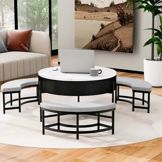Multi-Functional Round Lift-Top Coffee Table with Nesting Stools - Bed ...