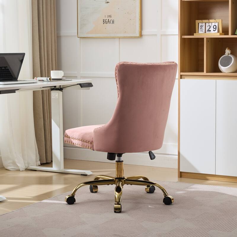 GDF Studio - Velvet Tufted Upholstered Home Office Chair with Golden Metal Base with Swivel Adjustment and Elegant Button Back