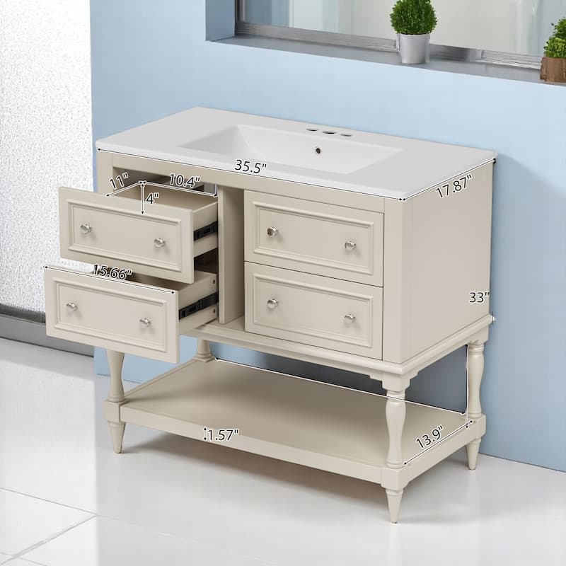 36 Inch Bathroom Vanity Sink Combo, Undermount Ceramic Basin, MDF and Solid Wood Cabinet with 4 Storage Drawers