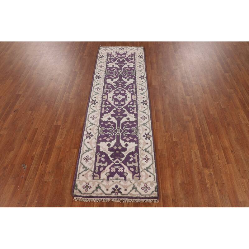 Purple & Ivory Oushak Indian Runner Rug Handmade Wool Carpet - 2'7"x 8'1"