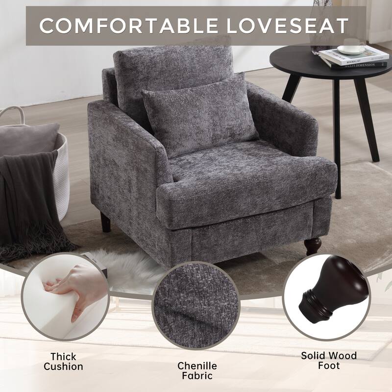 Gray Modern 29.53" Chenille Upholstered Arm Chair with Solid Wood Frame and Pillows