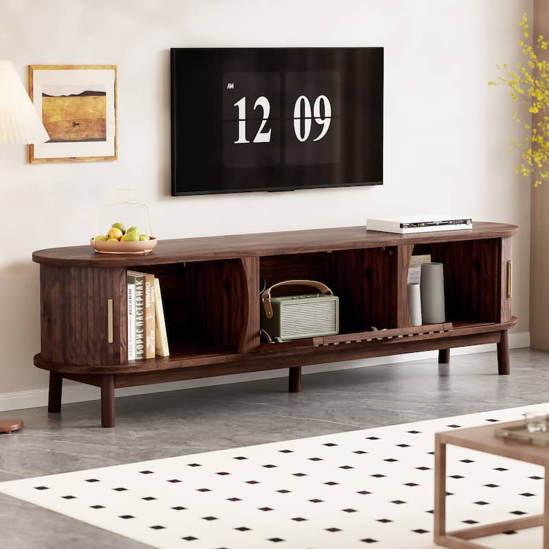Roomfitters Farmhouse TV Stand for 75" TVs, Wood Entertainment Console with Storage Cabinet, Living Room Design, Dark Brown