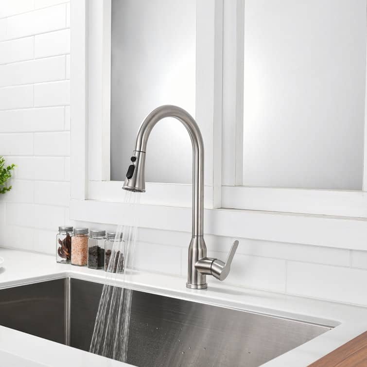 304 Stainless Steel Pull Out Kitchen Faucet High Arc 360 Swivel 23.6 Hose 3 Spray