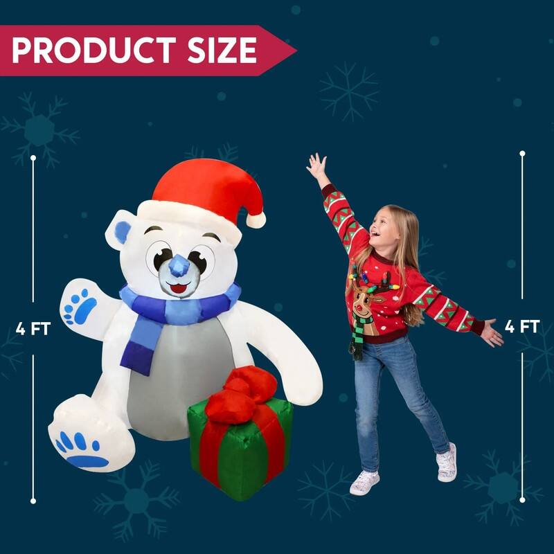 Joyfy 4-ft Christmas Inflatable Polar Bear with Gift - White and Blue