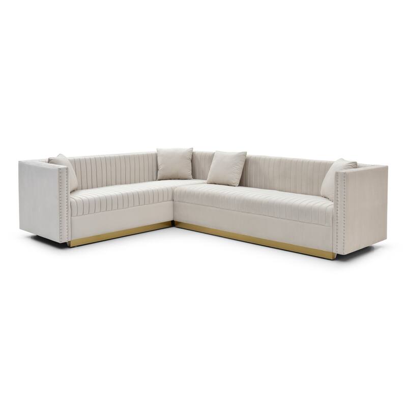 100.8'' Modern Velvet Corner 6 Seater Sectional Sofa with 4 Pillows and Vertical Channel Tufting, for Living Room