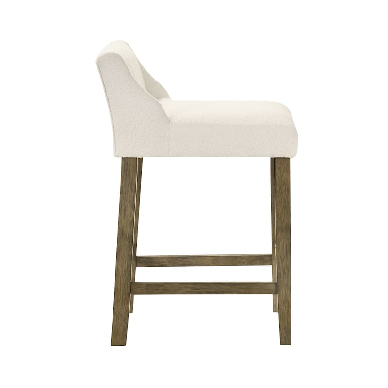 Fauna Low-Back Boucle Bar Stool, Upholstered Counter Height Kitchen Barstool with Wood Legs