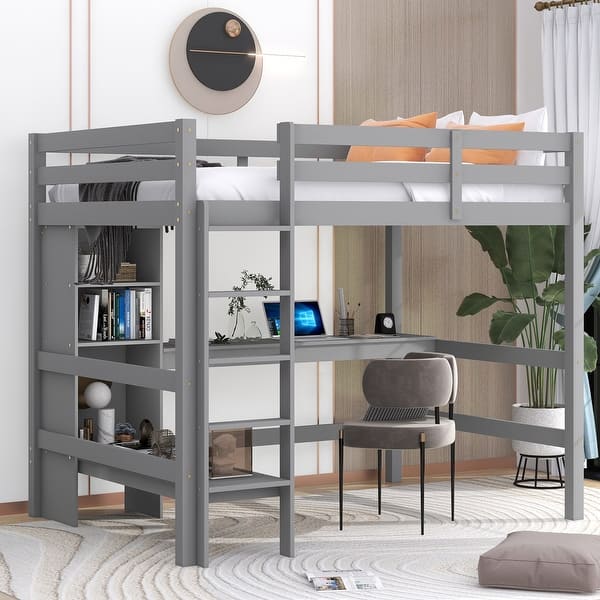 slide 2 of 15, Style Design Wood Loft Bed with Multifunction Shelves and Storage, Built-in Desk, Grey Grey
