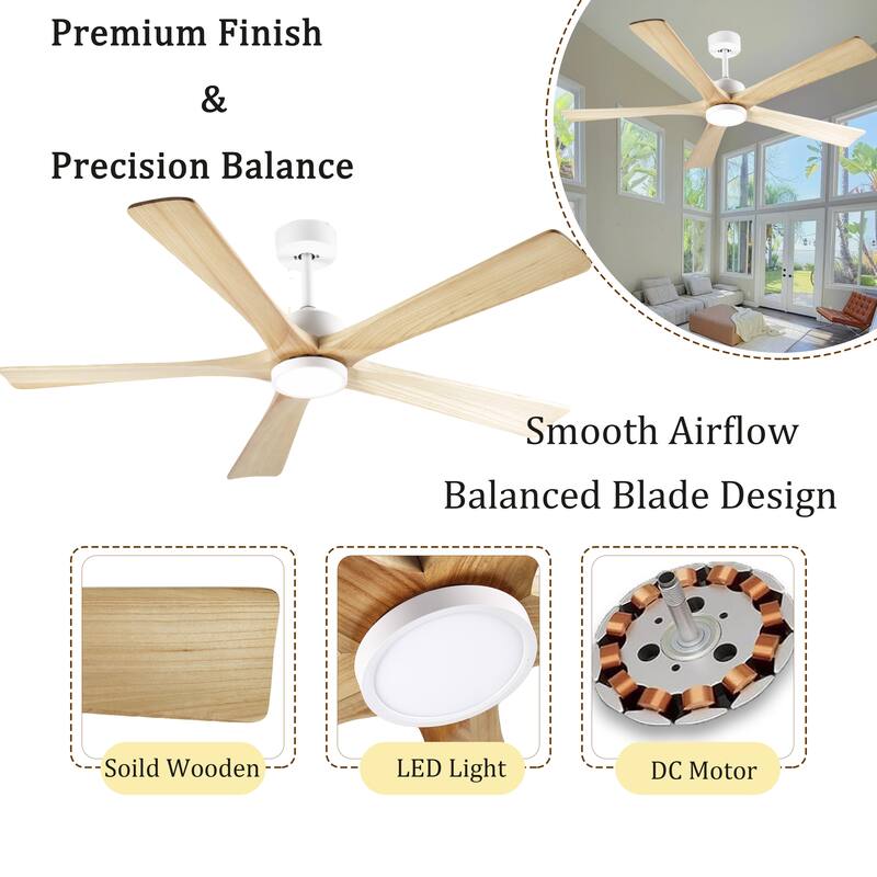 60-Inch Ceiling Fan with Light, 5 Solid Wood Blades, Downrod Mount for Sloped Ceiling ≤15°, Quiet Reversible DC Motor