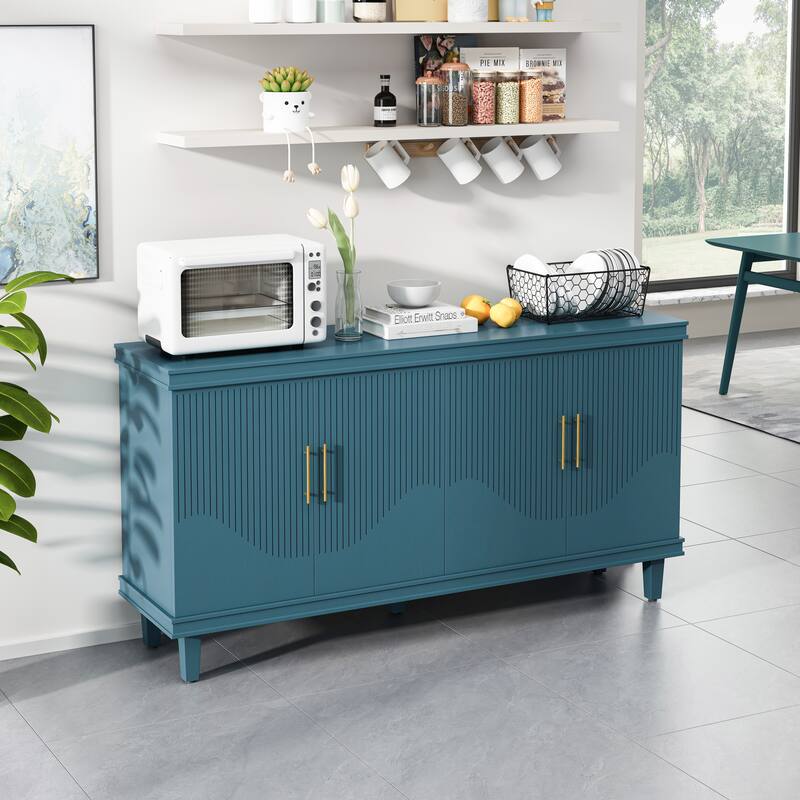 Durable Pantry Cabinet Buffet Storage Cabinet with Adjustable Shelves, Blue Dresser Floor Cabinet with Solid Wood Legs