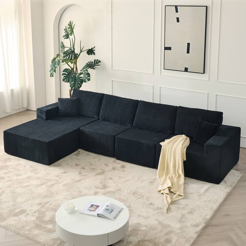 Modular L Shaped Sectional Sofa with Ottoman, Corduroy Boneless Cloud Sofa, 4 Seater Compressed Sofa with 2 Pillows