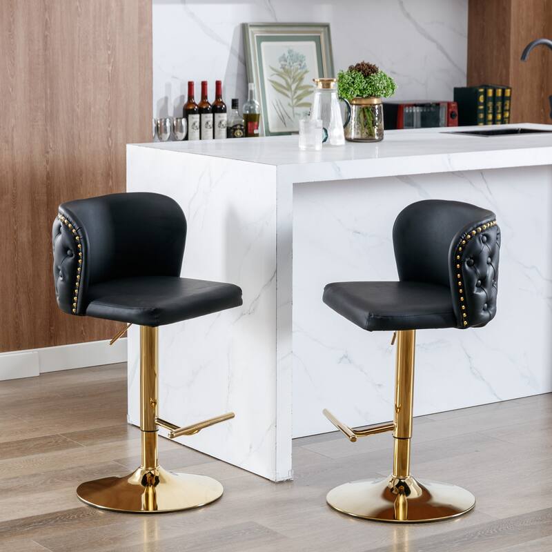 Set of 2 Adjusatble Swivel Bar Stools with PU Leather Tufted Back - Black