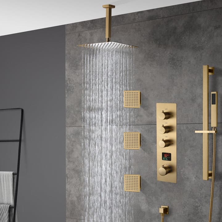 brushed gold ceiling mount 12 inch rain 3 way digital display thermostatic shower faucet - 7'6" x 10'9"