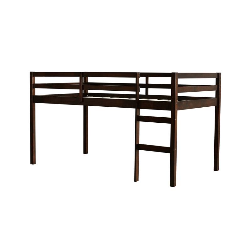 Twin Loft Bed with Ladder, Strengthened Slats, Espresso Finish, Rubber Wood & Plywood