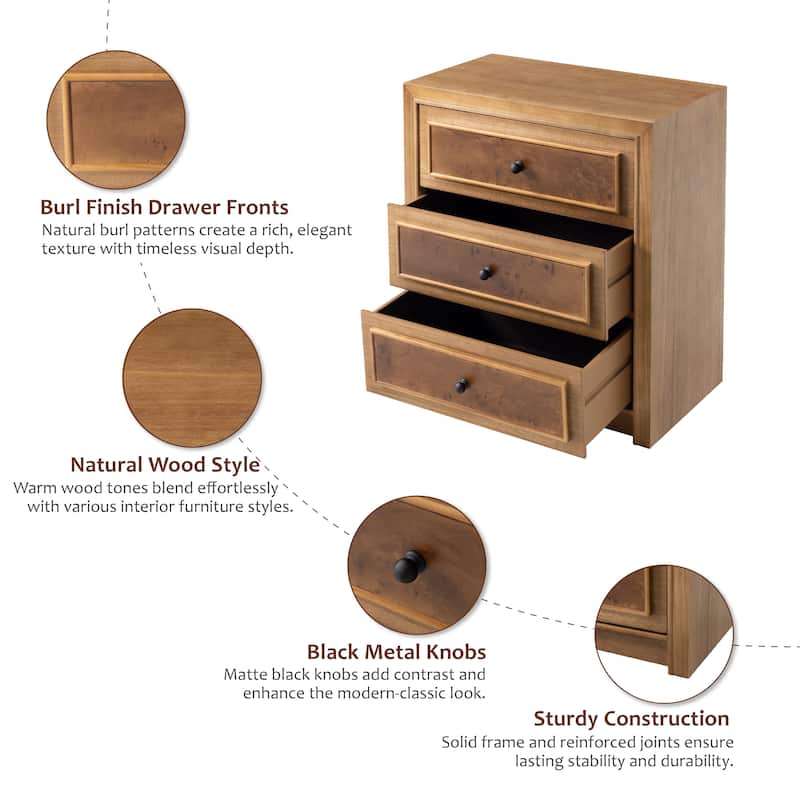 COZAYH Fully Assembled Wooden Nightstand, Burl Front Dresser in Farmhouse Style, Natural Finish Bedside Table with Ample Storage