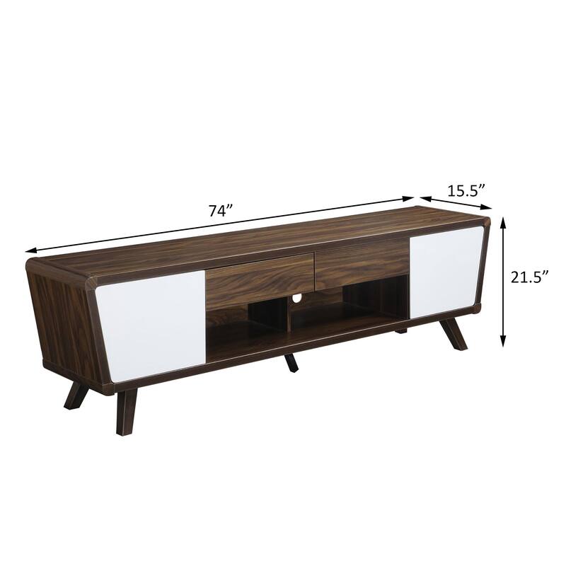 Mid-Century Modern TV Console in Dark Walnut & Glossy White, 2-Drawer Storage for TVs Up to 70"