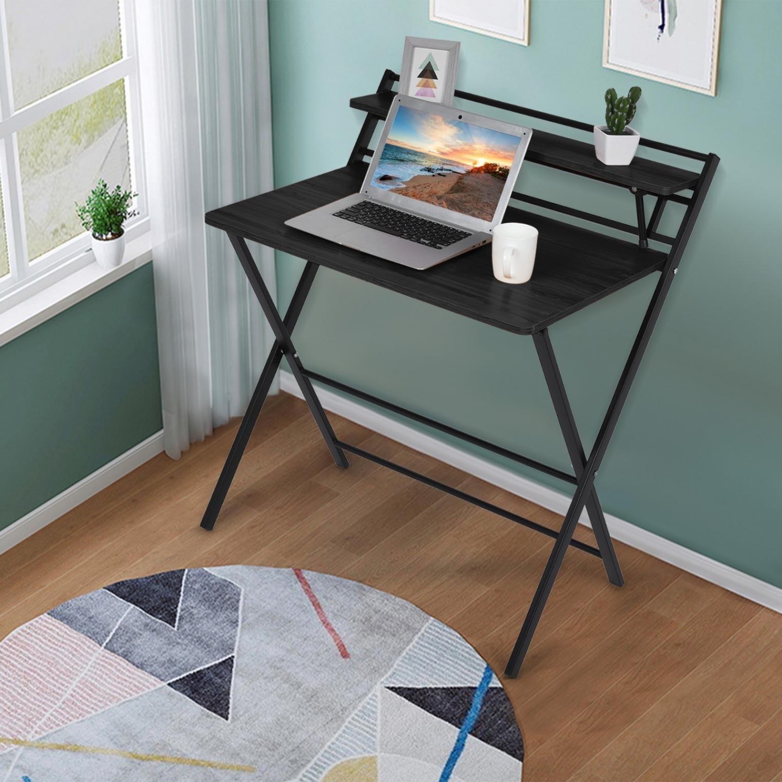 HAIHESU NETWORK2layer Folding Desk With Shelf Foldable Table Without
