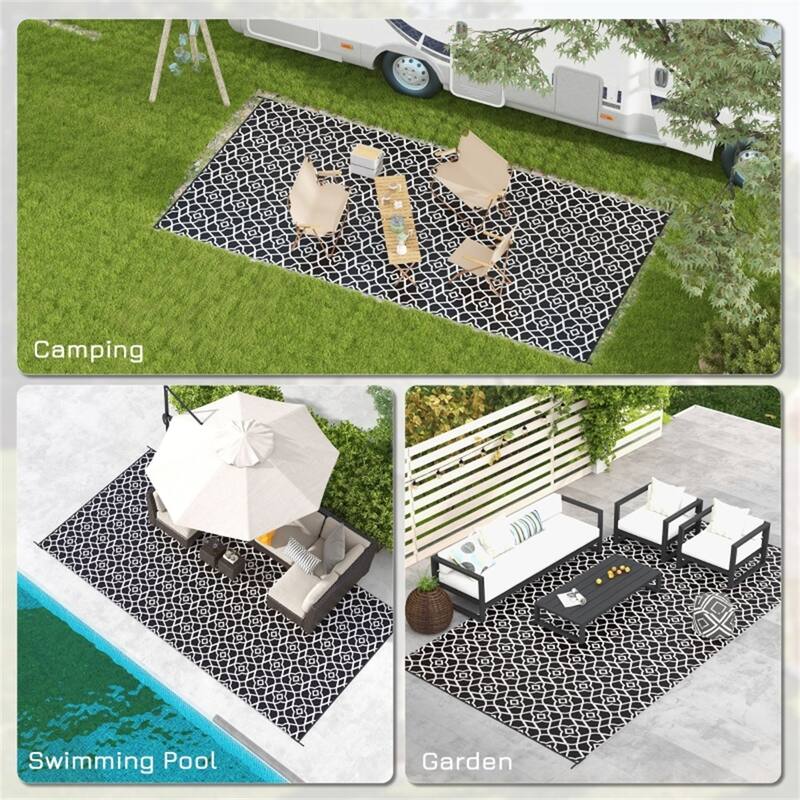 Black & White Clover Pattern Outdoor Rug Reversible Waterproof Polypropylene Camping Mat with Carry Bag - 215.7" L x 107.9" W