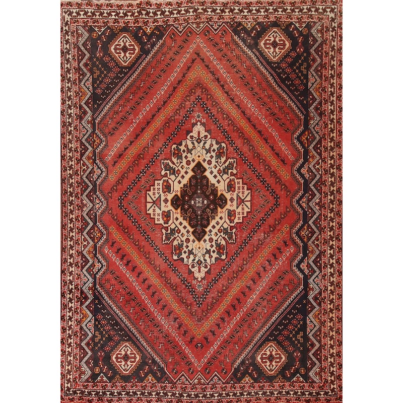 Vegetable Dye Tribal Shiraz Persian Rug Handmade Vintage Wool Carpet - 6'11"x 9'11"