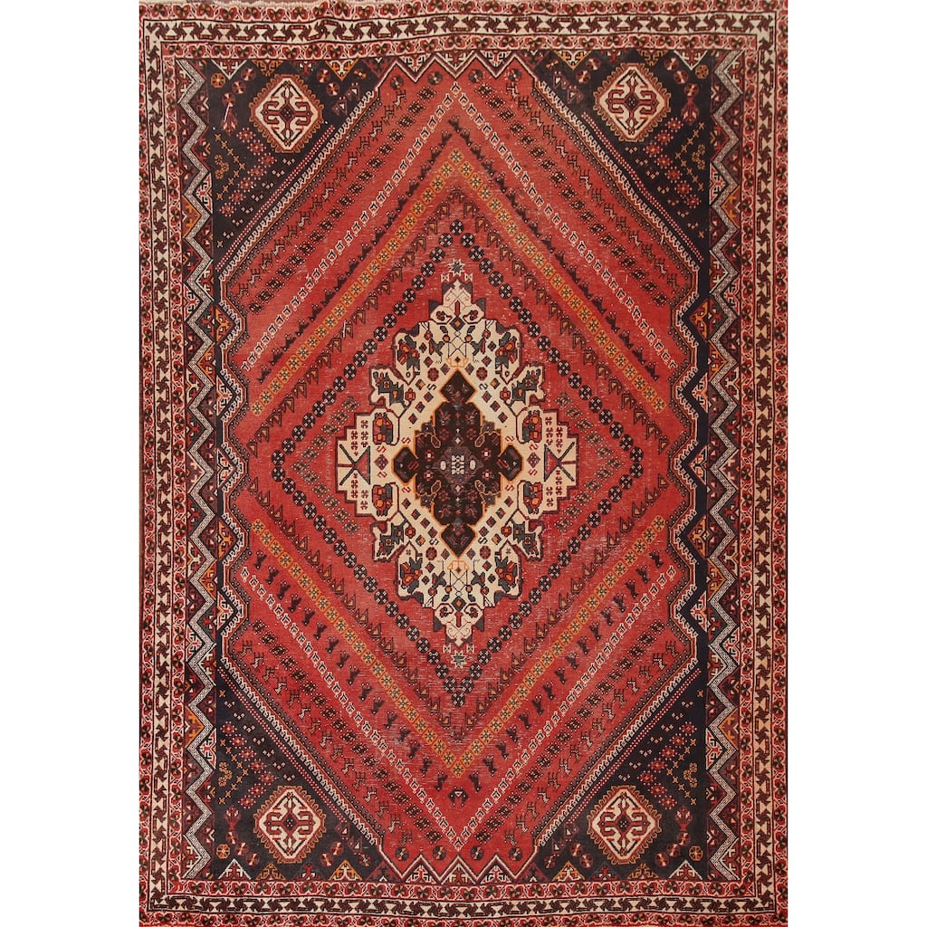 Vegetable Dye Tribal Shiraz Persian Rug Handmade Vintage Wool Carpet - 6'11"x 9'11"