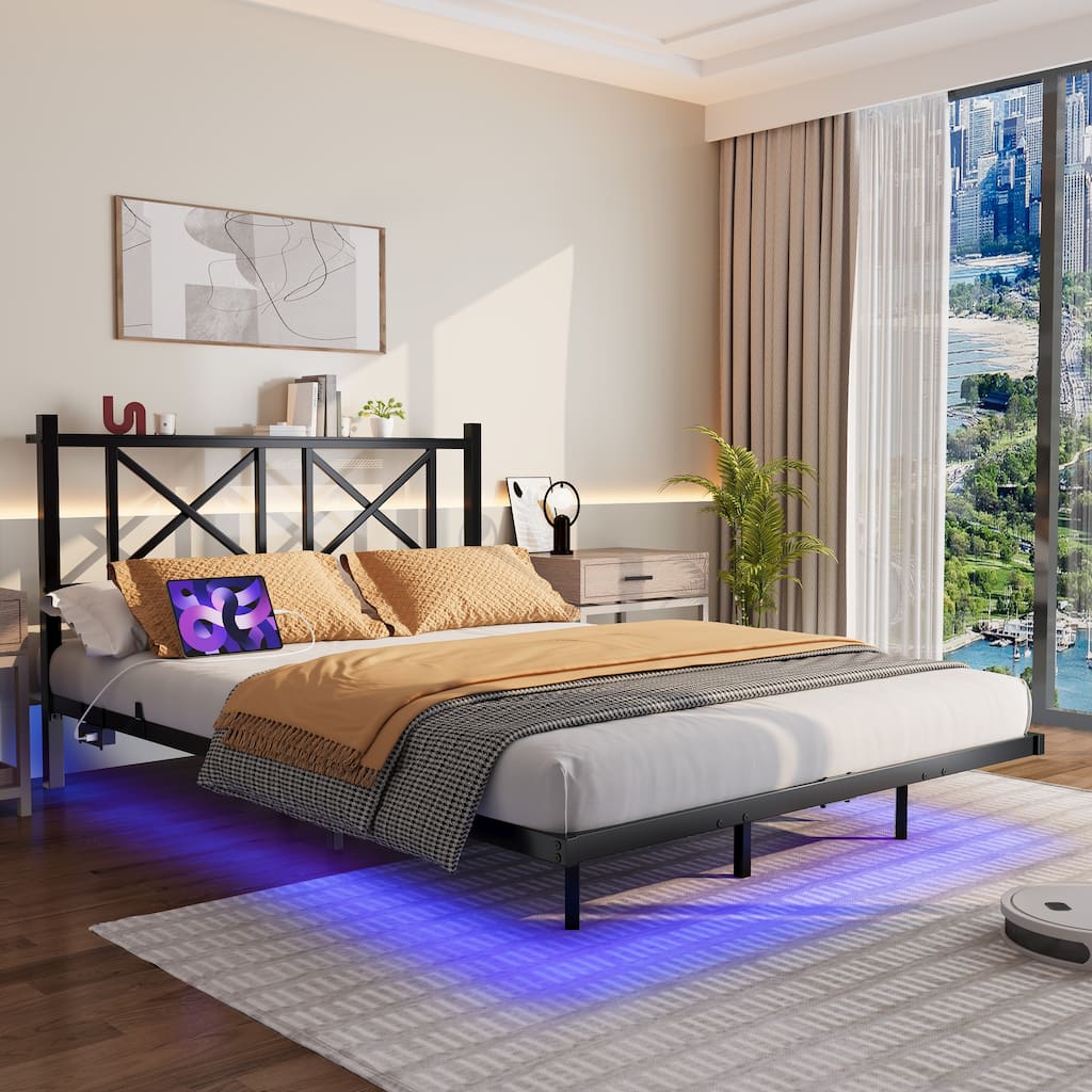 Floating Bed Frame Metal Platform Bed Frame with USB Charging Station Storage Headboard, LED Lights, No Box Spring Needed,Black