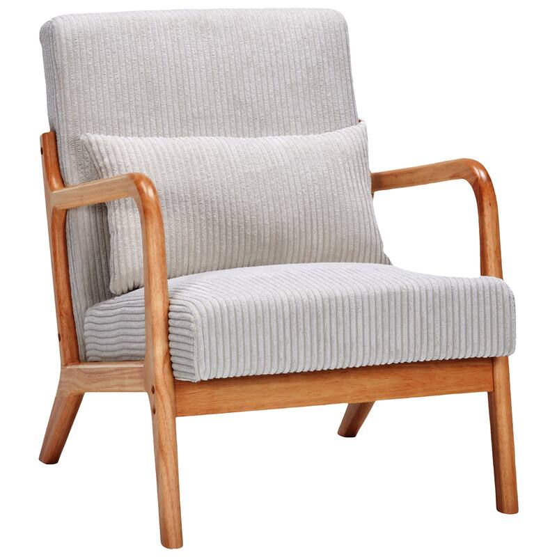 Mid-Century Modern Accent Chair, Upholstered Single Sofa Chair with Pillow, Lounge Armchair with Rubber Wood Frame
