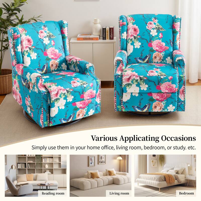 29'' W Pattern Floral Swivel Manual Push Back Recliner Glider Chair