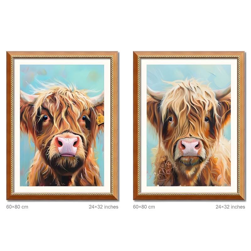 Set of 2 Highland Cow Framed Wall Art - Replaceable Canvas Prints with Solid Wood Picture Frames, Farmhouse Animal Wall Decor