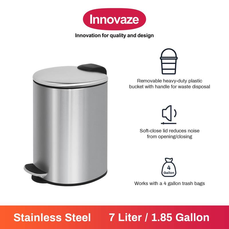 Innovaze 1.85 Gal./7 Liter Semi Round Brushed Step-on Trash Can for Bathroom and Office