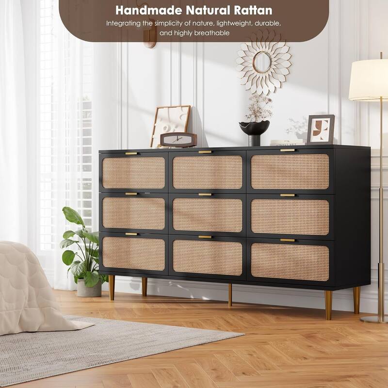 Rattan 9 Drawer Dressers TV Stand for Bedroom Living Room
