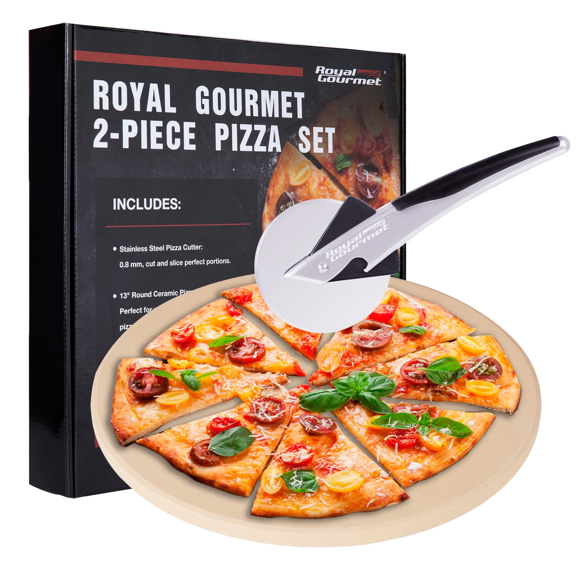 Royal Gourmet 2-Piece Pizza Set, 13-Inch Round Pizza Stone and Wheel Cutter, Baking Accessories