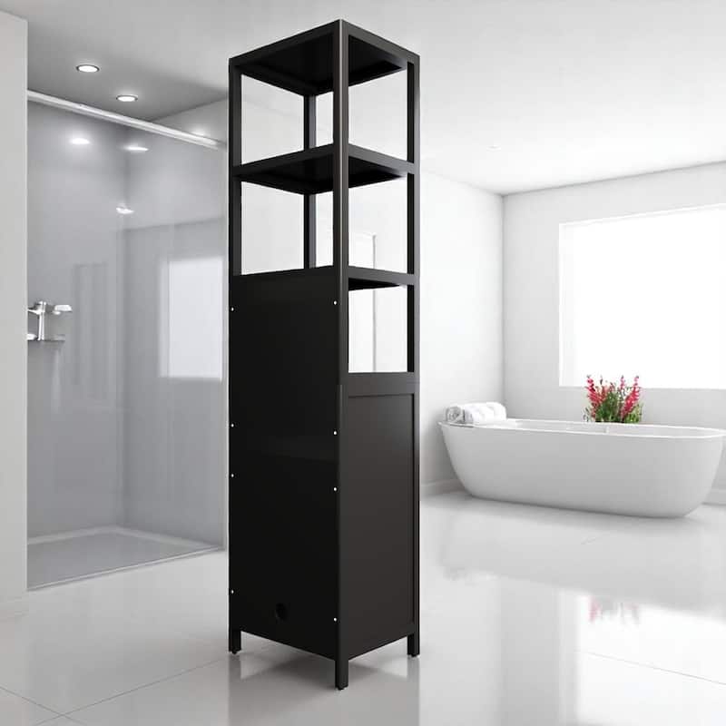 Slim Black Bathroom Storage Cabinet with Door and 3 Tiers, Natural Bamboo Freestanding Linen Tower Organizer