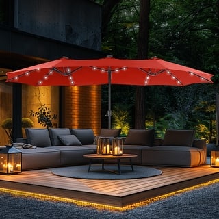 15-foot Rectangular Crank Double-sided Outdoor Market Umbrella Solar LED Lighted Patio Umbrella with Base Included
